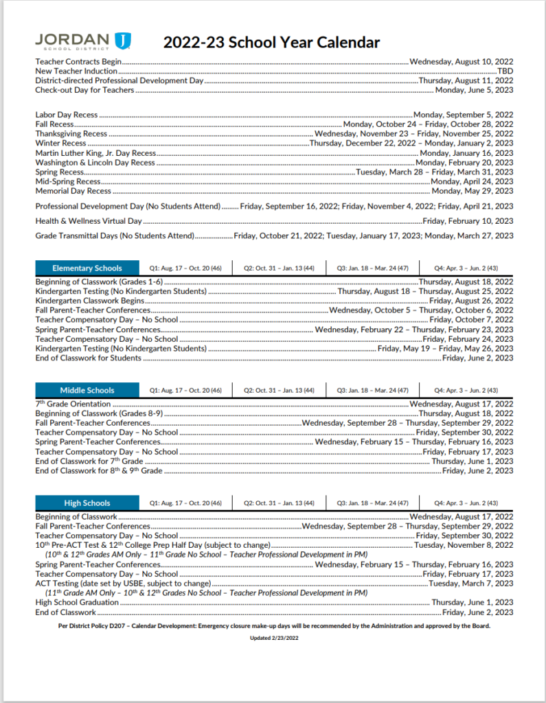 Academic Calendar – Elk Meadows Elementary