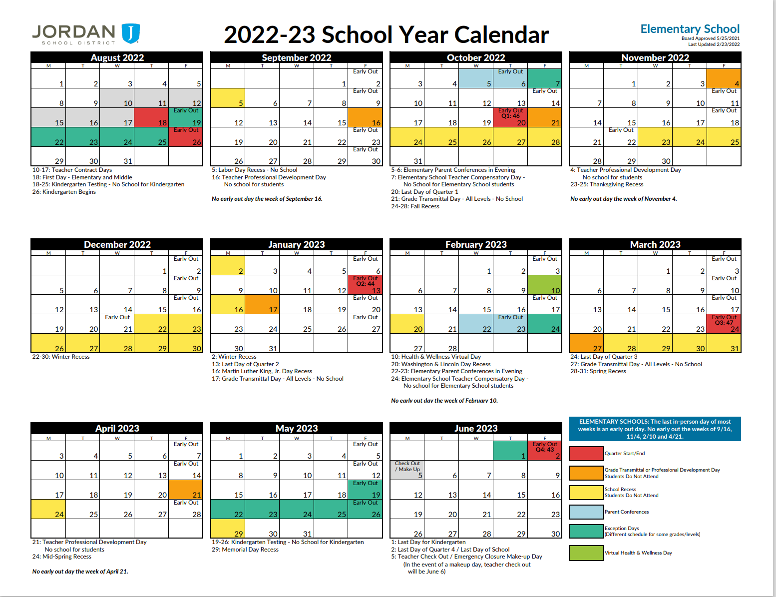 Printout of  2022-23 School Year Calendar