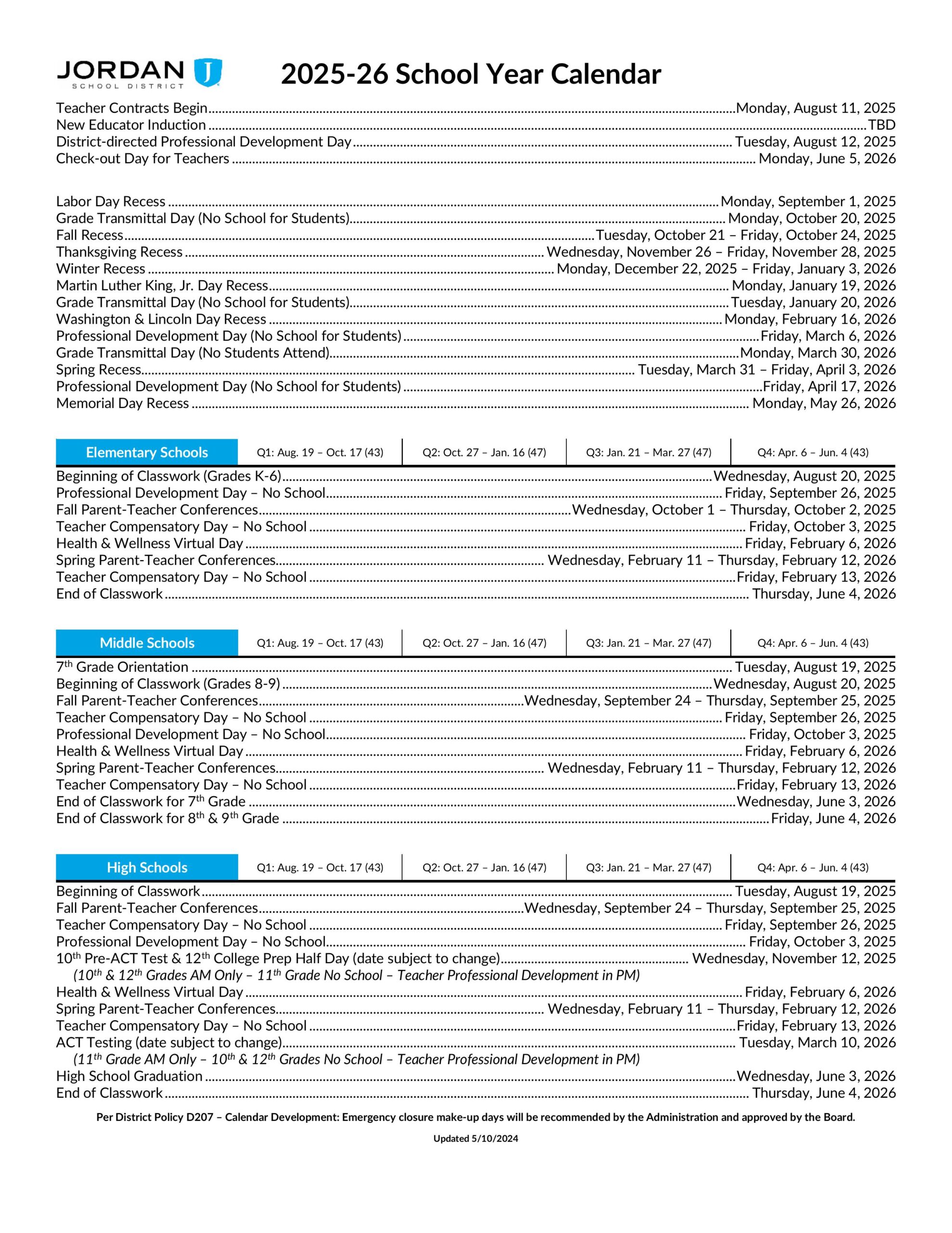 2025-2026 School Calendar 